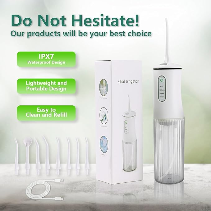 Cordless Water Flosser for Teeth Cleaning Pick - Electric Dental Irrigator with 4 Cleaning Modes & 8 Jet Tips, IPX7 Waterproof, Portable Rechargeable Design for Home & Travel Use,White