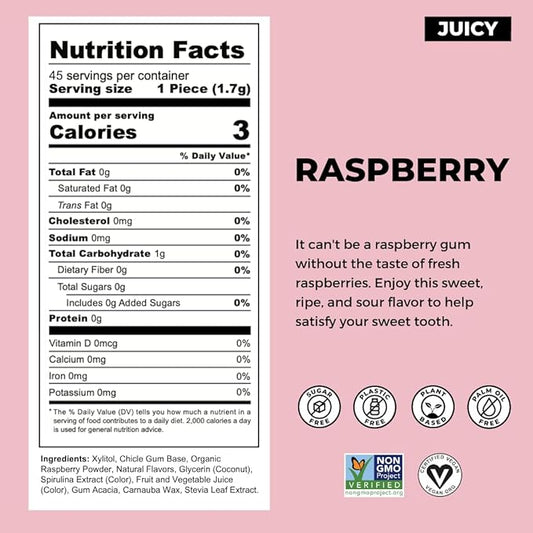 Refresh Gum Raspberry – Xylitol, Sugar Free Chewing Gum Pouch, Natural Flavor & Organic Ingredients – Aspartame Free, Plant-Based, Non-GMO – 45 Pieces