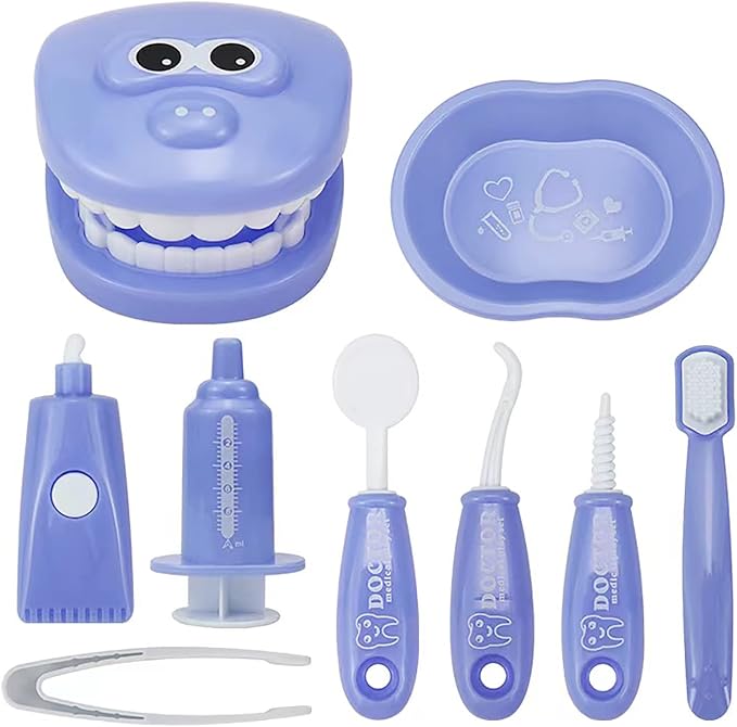 Dental Early Education Brushing Toys, 9Pcs/Set Children Role Play Toy Crocodile Early Education Cartoon Tooth Brushing Model Preschool Education Toy Dentist Game for Kids Classroom Blue