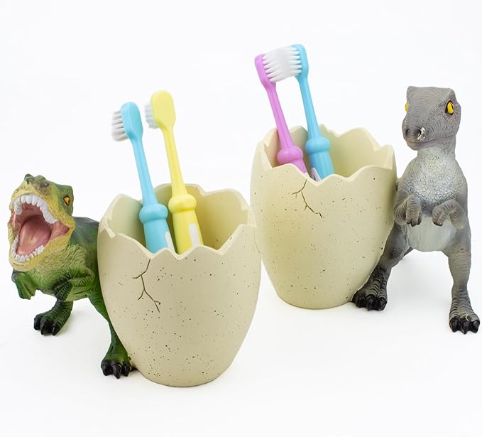 FlidRunest 2 PCS Dinosaur Kids Toothbrush Holders for Bathrooms - Cute Dino Toothbrush Holder - Easy to Clean Toothbrush and Toothpaste Holder - Dinosaur Bathroom Decor Accessories-Green+Orange