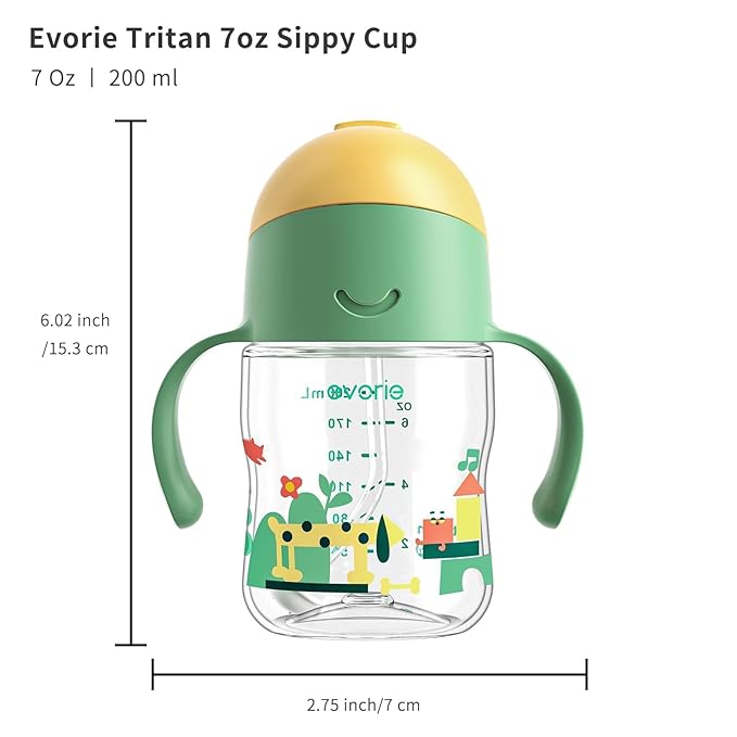 Evorie Tritan Weighted Straw Sippy Cup with Handles for Baby and Toddlers, Spill Proof Baby Water Bottle with Straw for 6 months and up, 7 Oz, Infant Training Water Bottle (Green Explore)