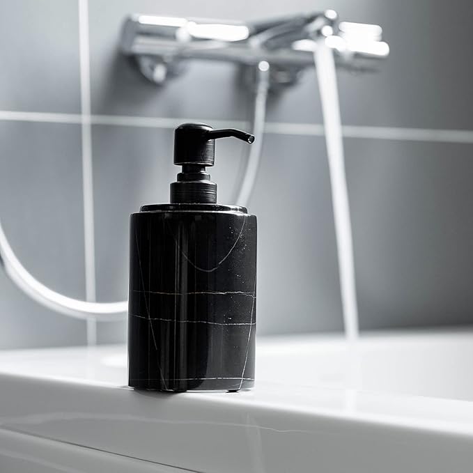 Black Marble Soap Dispenser Hand or Dish for Bathroom & Kitchen - Decorative Natural Marble Stone Liquid Soap/Lotion Dispenser - Stainless Steel Soap Dispenser Easy-Glide Pump - Refillable