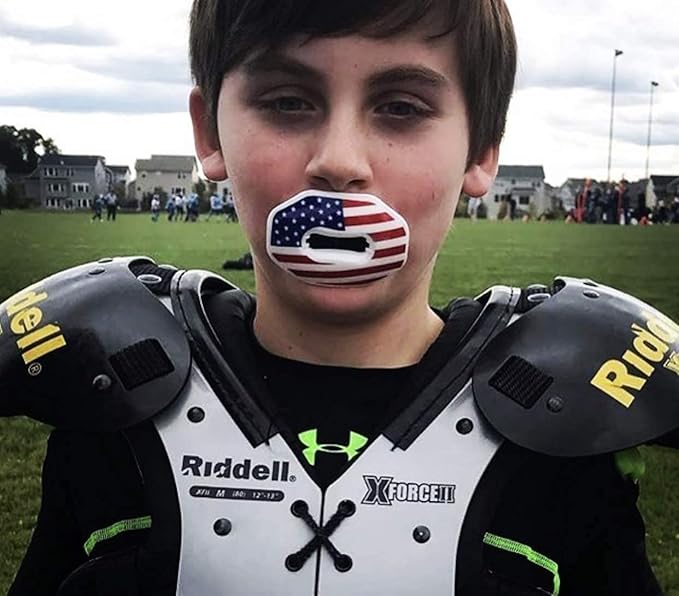 Oral Mart Flag Football Mouth Guard with 3D LipFit Design for Kids - Youth Tackle Football Mouthguard (No Boil) Cool Instant Fit Lip Guard Mouthpiece for Braces (Detachable Helmet Strap Included)