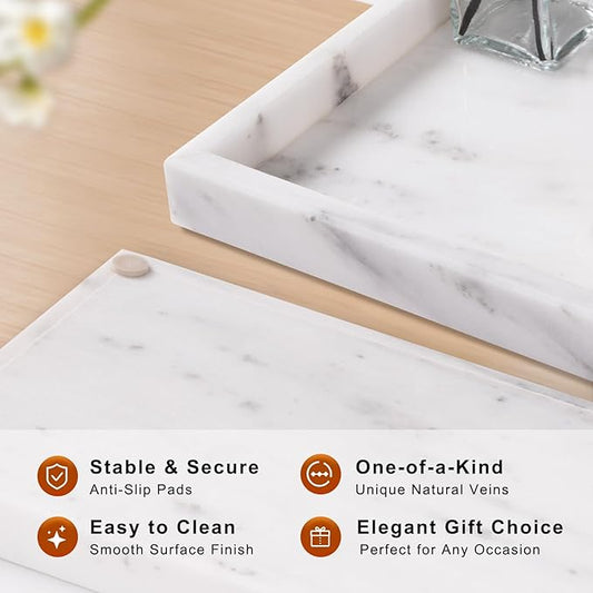 Marble Bathroom Tray for Countertop & Home Decor, Natural Decorative Marble Tray for Jewelry & Perfume Organizer, Luxury Stone Vanity Trays for Dresser, Kitchen Counter, 12" x 8", Starry White
