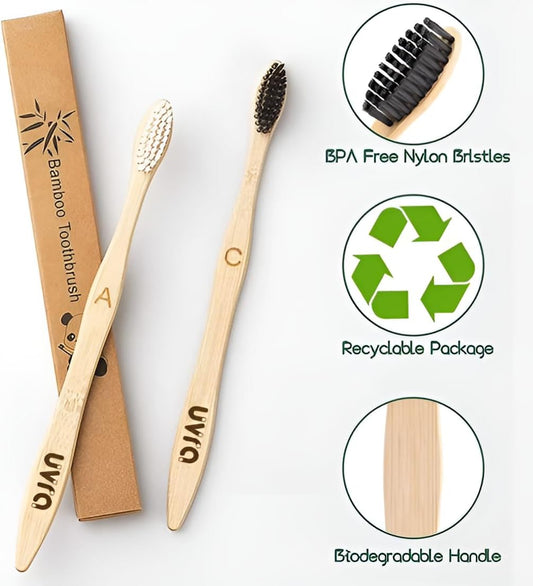 Bamboo Toothbrushes for Adults - 10 Pack Eco-Friendly, Biodegradable, Charcoal-Infused Soft Bristles Bamboo Toothbrush - Sustainable Plastic Free, Compostable Natural Wooden Toothbrushes