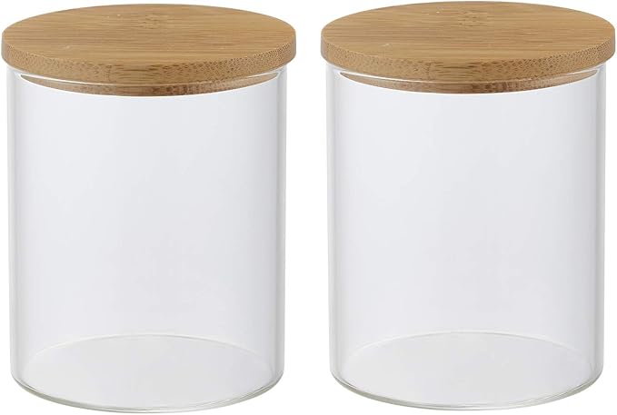 Glass Qtip Holder with Vanity Tray, Apothecary Jars Bathroom Accessories Bathroom Canisters Organizer Countertop Q Tip Holder for Cotton Ball Round Swab Pad Hair Ties Floss Perfume Jewelry