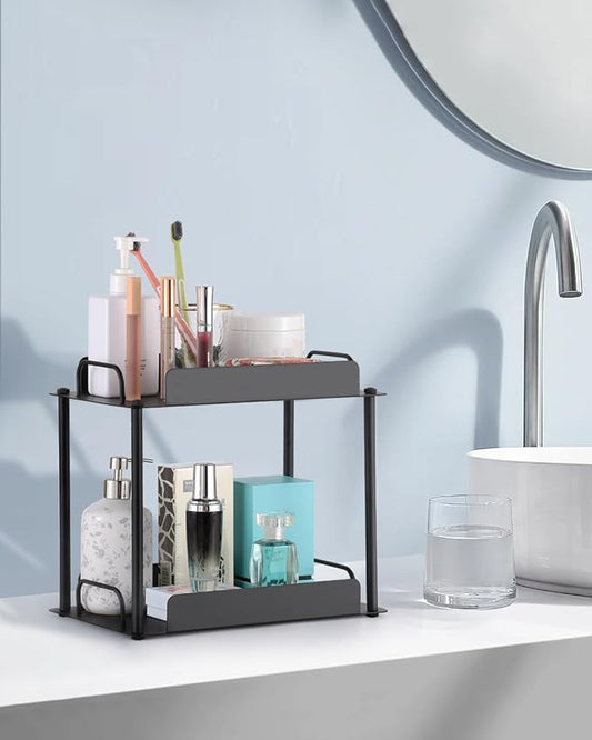 KATHY&BOB Bathroom Countertop Organizer, Make-up Desk Organization, Dressing Shelf Desktop Storage for Bathroom Cosmetic Dorm Kitchen Living Room, Multipurpose Cubicle Display Rack (Black, 2 Tiers)