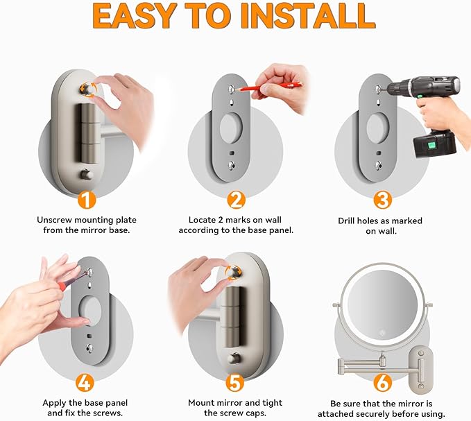 1X/20X Wall Mounted Makeup Mirror with Light, 8" Rechargeable Double-Sided Magnifying Mirror, Vanity Mirror Dimmable 3 Color Light, 360° Extension Rotation Foldable 14.5 Inch Arm, Brushed Nickel