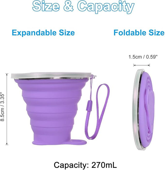 PATIKIL Collapsible Travel Cup, 2 Pack 270mL Travel Folding Cup with Lid Silicone Portable Drinking Cup for Traveling Camping, Purple