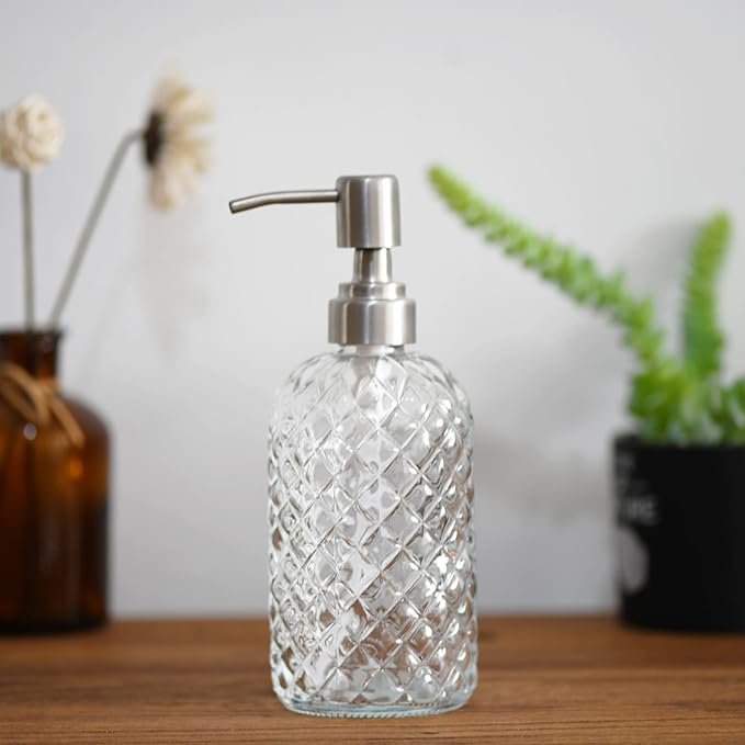 16 oz Diamond Pattern Glass Soap Dispenser, Kitchen and Bathroom Refillable Soap Dispenser with Rust Resistant Stainless Steel Pump for Hand Soap, Lotion Glass Liquid Dispenser(Clear-2pack)