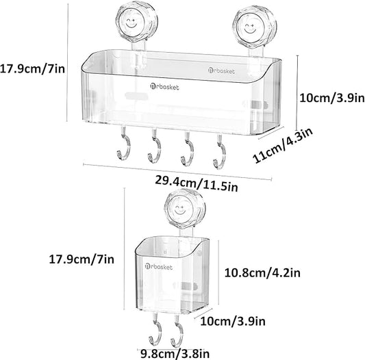 2-Pack Suction Cup Shower Caddy Set, Wall Mounted Suction Rack, Bathroom Shower Shelf Basket Set with Shower Organizer and Toothbrush Holder (No Drilling Required)