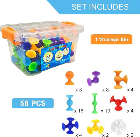 58 Piece Suction Fun Sticky Toy Set with Storage Bin, BPA Free Silicone, Stimulating Sensory Travel Bathtub Window Toys for Kids Boys Girls, Medium