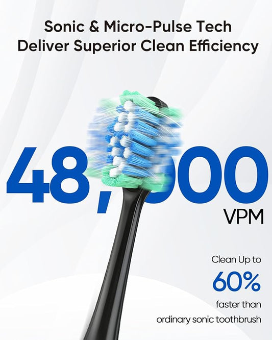 MySmile UC605 Electric Toothbrush for Adults, Rechargeable Sonic Electronic Toothbrush with 6 Brush Heads and Travel Case, 2 Mins 5 Modes Smart Timer, 48000VPM (Black)
