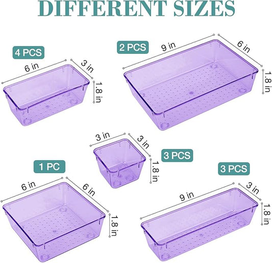 13 PCS Drawer Organizer Set, 5 Varied Size Bathroom and kitchen Drawer cabinet organizer Trays, Clear Storage Bins for Makeup, Jewelry, Utensils and Gadgets, Purple