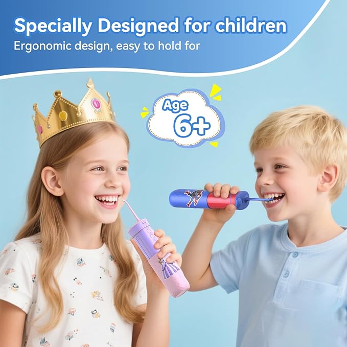 JTF Kids Water Dental Flosser: Rechargeable Portable Oral Irrigator with 4 Flossing Modes 230ml Tank 4 Tips Travel Bag Waterproof Stickers, Cordless Electric Flossers for Teeth Gum Braces Care, Age 6+