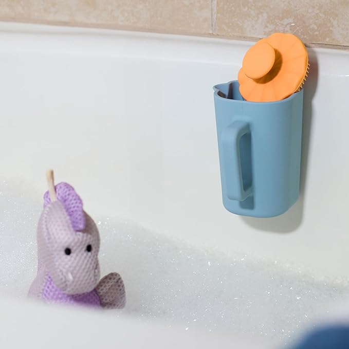 DEMDACO Love to Play Collection Baby Bath Rinse Cup and Silicone Scalp Scrubber Set - Gentle Hair Washing Aid for Infants & Toddlers Soft Silicone Kids' Brush & Ergonomic Rinse Pitcher, Orange