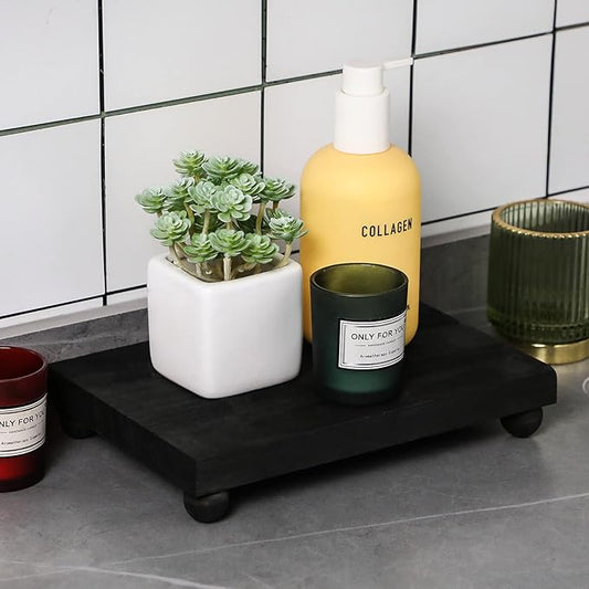 Amyhill Wood Pedestal Stand Kitchen Soap Tray Farmhouse Wooden Riser Stand for Kitchen Bathroom Counter Table Decor Plant Candle Vases Display (Black, 9 x 6 Inch)