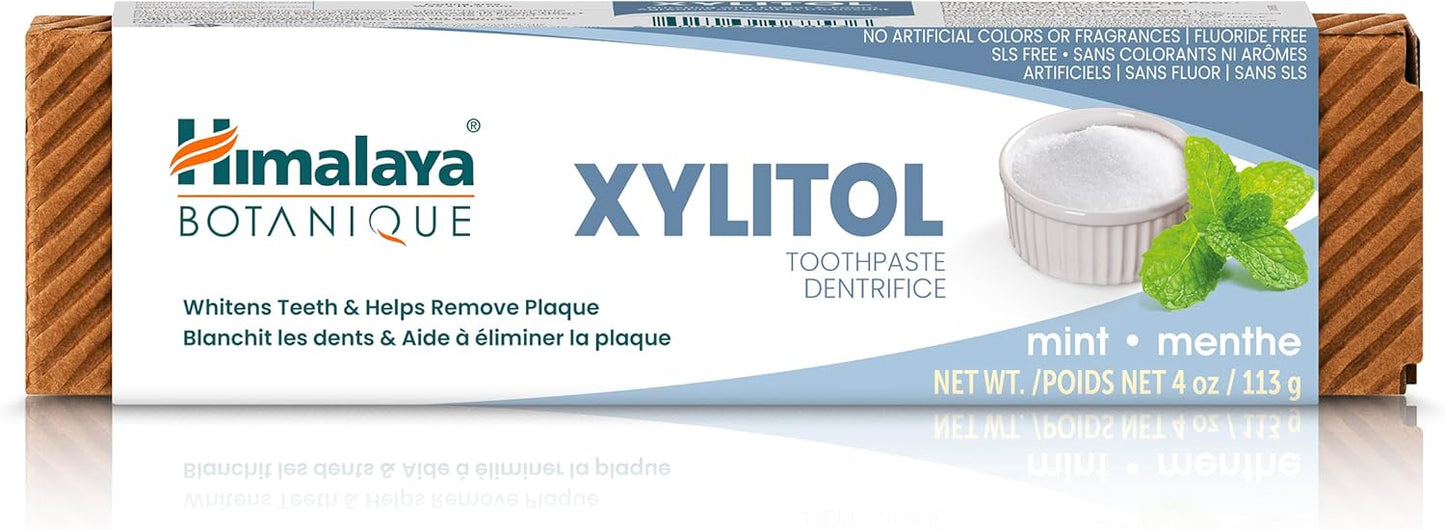 Himalaya Botanique Xylitol Toothpaste, Mint Flavor - Fluoride Free Toothpaste to Whiten Teeth, Fight Plaque and for Fresh Breath - Vegan, Gluten Free, No Artificial Flavors or Colors, 4 oz
