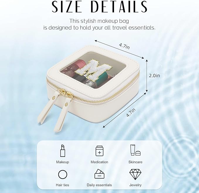 Initial Travel Toiletry Bag - Cosmetic Bags for Girls with Zipper, Clear & Potable Girls Makeup Bag for Travel, Small Cosmetic Pouch Perfect Gifts for Graduation (Beige, M)