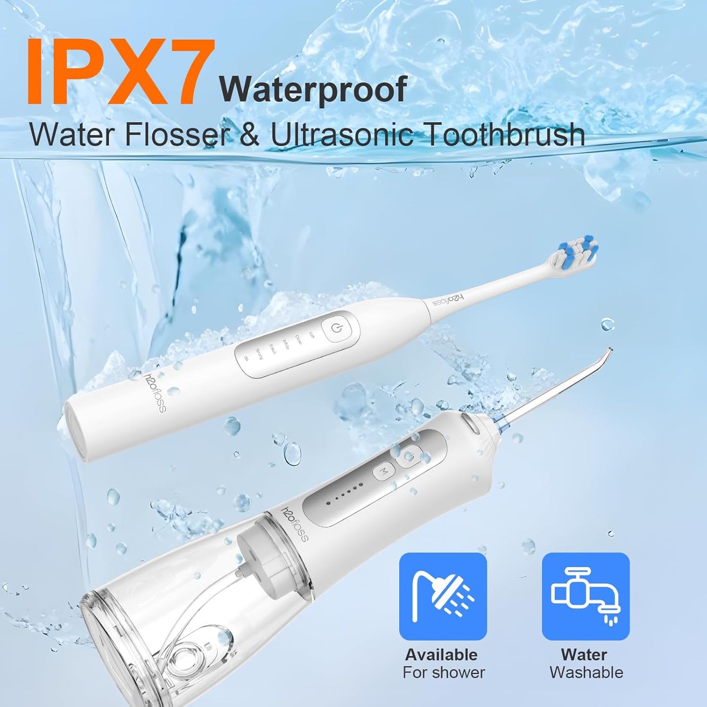 H2ofloss Sonic Electric Toothbrush and Water Flosser Combo, Rechargeable 2000mAh Toothbrush and 2500mAh Oral Irrigator with 300ml Tank, 4 Brush Heads, 5 Nozzles, 2 in 1 for Home and Travel (White)