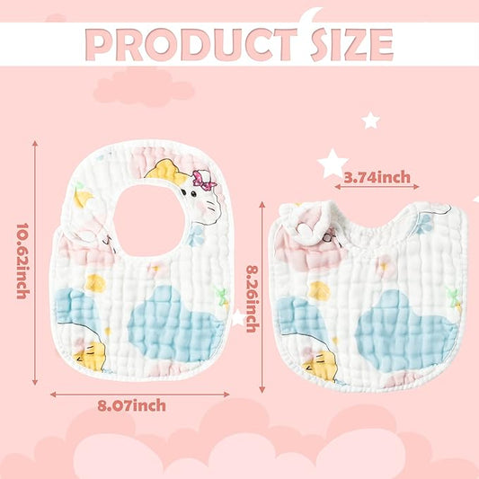 Zainpe 6Pcs Snap Muslin Cotton Baby Bibs Star Cat Rabbit Pattern Adjustable Feeding Bib Machine Washable Unisex Burp Cloths with 6 Absorbent & Soft Layers for Infant Toddler Newborn Eating Drooling