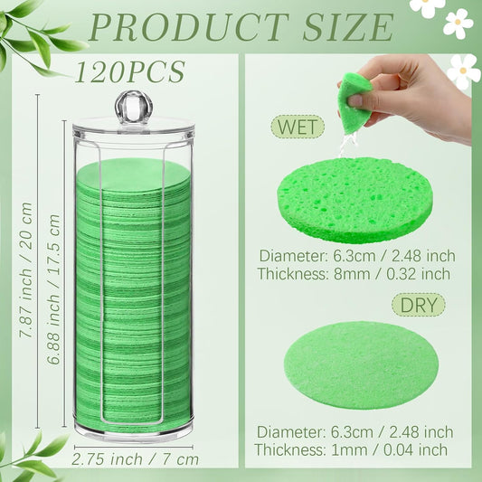 120 Pcs Compressed Facial Sponges Natural Face Exfoliator Disposable Face Sponges for Cleansing Round Soft Facial Scrubber Pads with Storage Container for Makeup Removal Travel (Green)