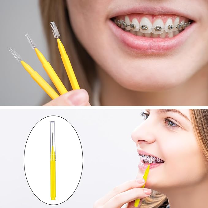 Patelai 100 Pieces Braces Brush for Cleaner Interdental Brush Toothpick Dental Tooth Flossing Head Oral Dental Hygiene Flosser Toothpick Cleaners Tooth Cleaning Tool(Yellow,Portable Size)