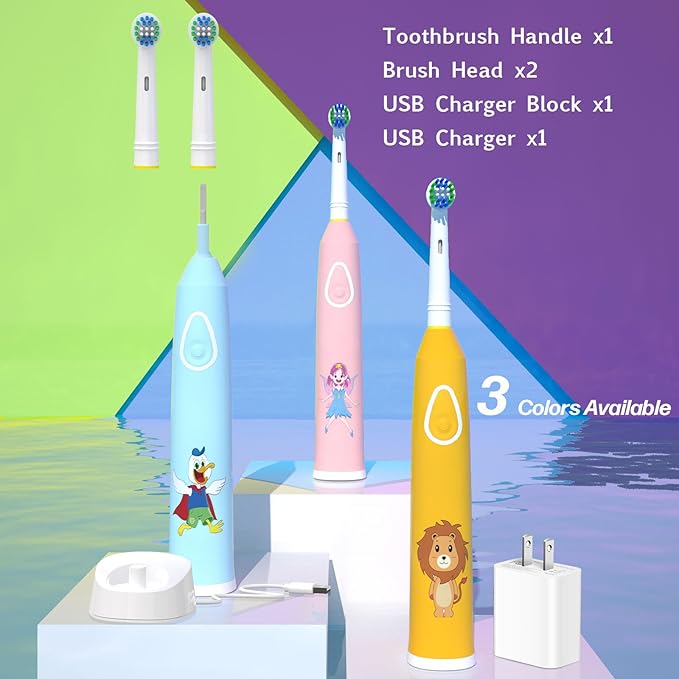 1PCs Rotating Kids Electric Toothbrush with 2 Brush Heads IPX7 by Omnia ONE | 3 Modes, Rechargeable 30 Days Battery Life, IPX7 Waterproof, USB Charger & Block Included, Fun & Effective Oral Care