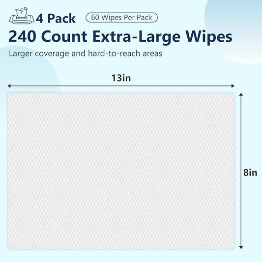 Adult Wipes For Elderly - 8"x13" Extra Large & Soft Wet Wipes for Adults Bathing No-Rinse Incontinence & Cleansing - Disposable Washcloths, Vitamin E & Aloe Infused 240ct (4 Packs of 60)