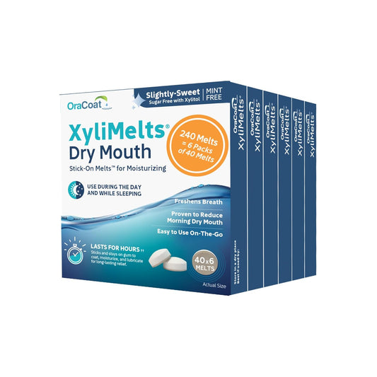 Oracoat XyliMelts for Dry Mouth Night Time or Day - Moisturizing Dry Mouth Adhering Discs, Sugar Free with Xylitol, 40 Count - 6 Pack, Slightly-Sweet Flavor, 8-Hour Relief