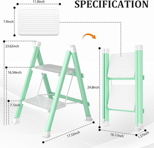 2 Step Ladder, Folding Step Stool with Anti-Slip Wide Pedal, Anti-Slip Feet, Sturdiest Steel Construction, Steel Ladder for Home and Office, Green White