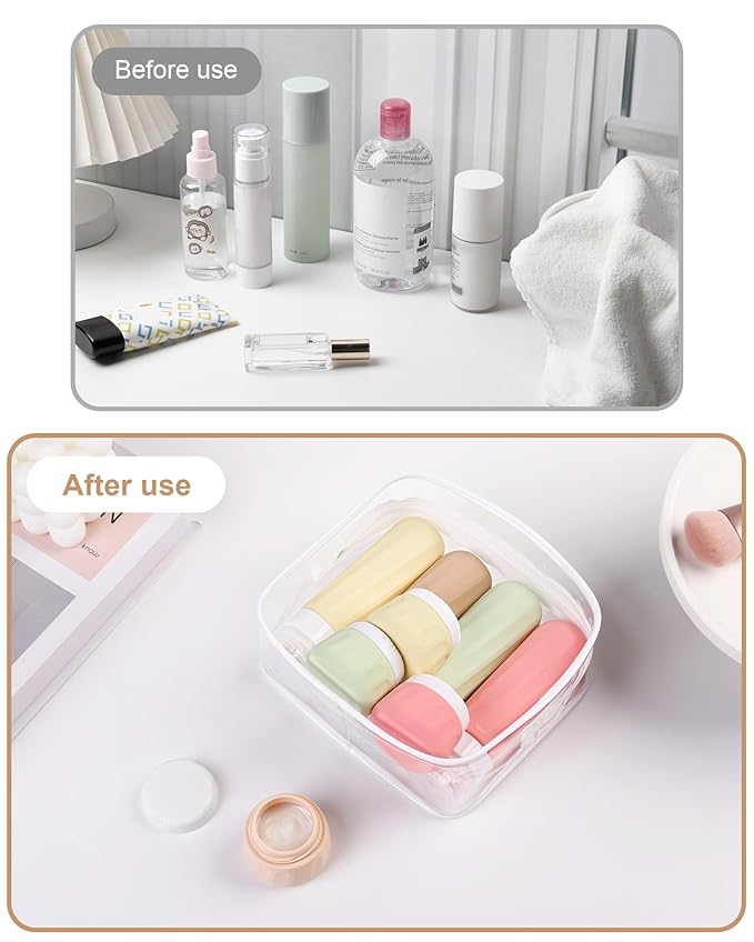 Travel Bottles for Toiletries 8 Pack, Travel Size Toiletries, Tsa Approved Travel Size Containers 3oz, with Travel Essentials Clear Bag, Leak Proof Silicone Squeezable Creams Jars