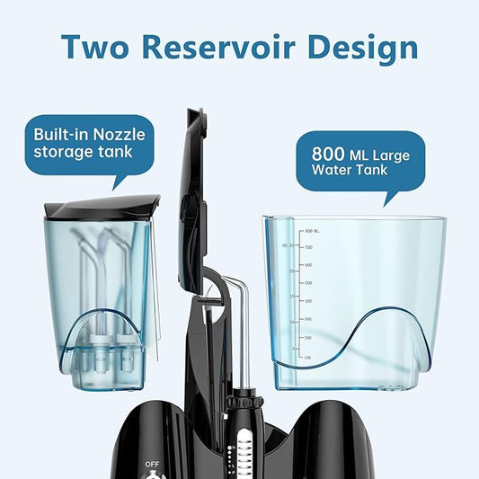 H2ofloss Water Flosser for Teeth, Braces, Professional Water Teeth Cleaner with 800ML Water Tank and 5 Settings, 13 Multifunctional Nozzles and Hygienic Nozzles Storage Compartment for Family (Black)