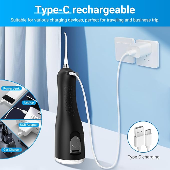 Portable Water Flosser for Teeth - 4 Modes Cordless Oral Irrigator with 300ML Tank, 360° Rotating Nozzle, 4 Jet Tips, Rechargeable, IPX7 Waterproof, Low Noise Gravity Ball Design (M159 - Black)