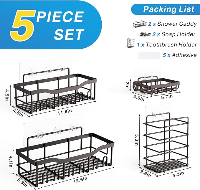 EUDELE 5-Pack Rustproof Stainless Steel Shower Caddy Set– No Drill Adhesive Bathroom Organizer, Space-Saving Shower Shelves for Apartment Essentials, Bathroom/Kitchen Storage Home Decor-L Size