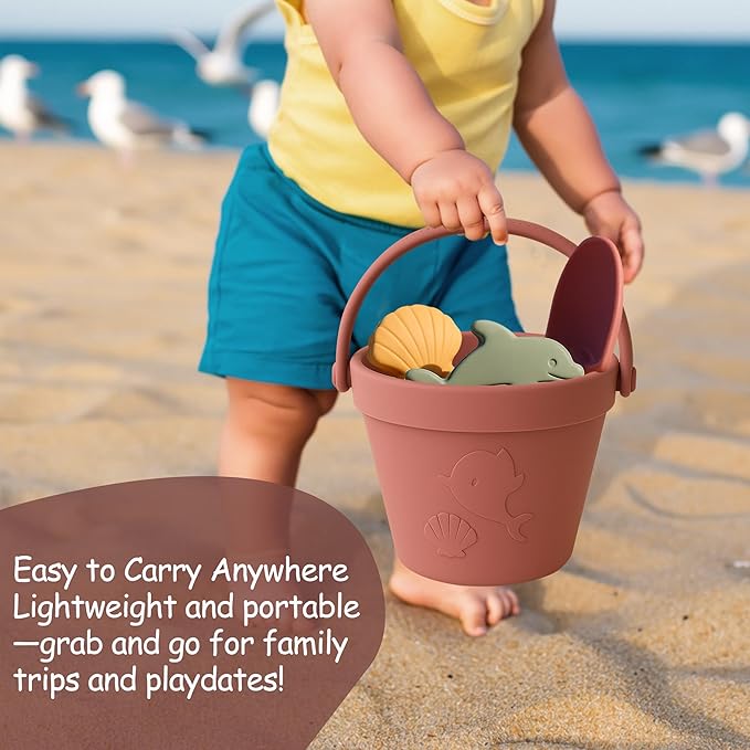 Silicone Beach Toys for Toddlers, Travel Friendly Sand Toys for Babies 6-12 Months, Collapsible Beach Bucket and Shovel Set with 6 Sand Molds for Kids, Family(Pink)