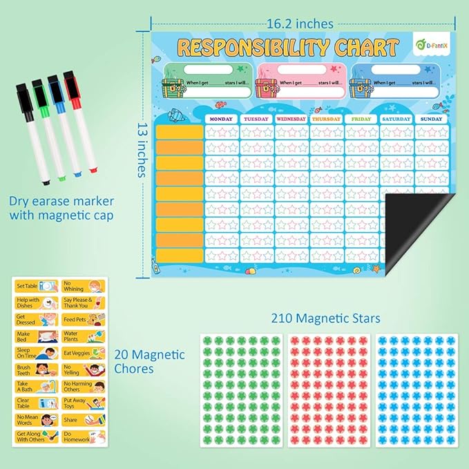 D-FantiX Magnetic Responsibility Chart, Chore Chart for Multiple Kids, My Star Reward Chart Daily Routine Good Behavior Charts Dry Erasable for Toddlers at Home