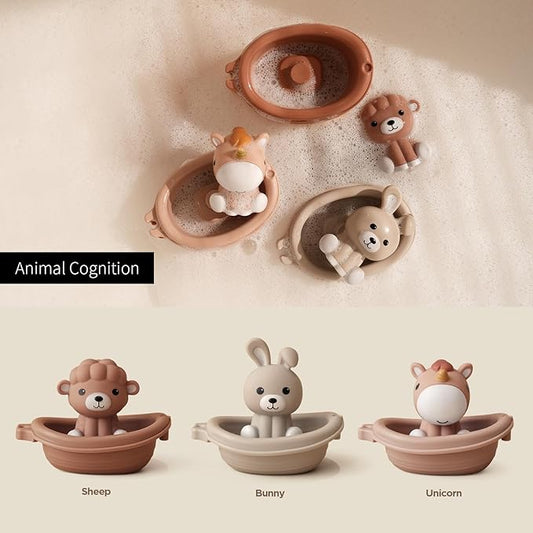 Nueplay Bathtub Toys for Toddlers 18M+,Baby Bath Toys with Animal Finger Puppets,Stackable Boat Train,Gift for Baby & Toddlers Set of 6