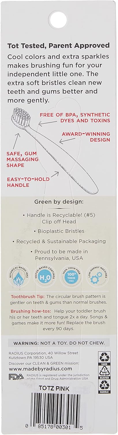 RADIUS Totz Toothbrush Extra Soft Brush BPA Free & ADA Accepted Designed for Delicate Teeth & Gums for Children 18 Months & Up - Pink Sparkle - Pack of 2