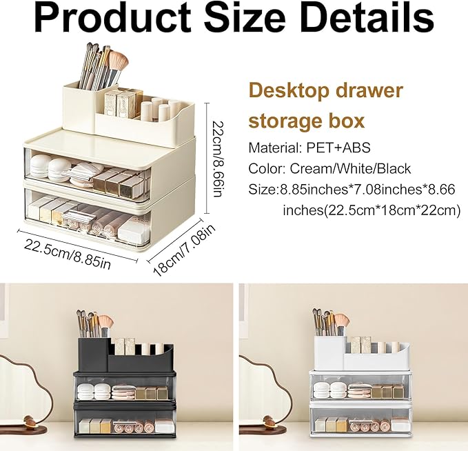 DASITON Makeup Organizer for Vanity with 2 Drawers, Stackable Cosmetic Organizer with Makeup Brush Holder, Plastic Bathroom Organizer Skincare Storage for Brushes, Eyeshadow, Lotions, Lipstick (Cream)