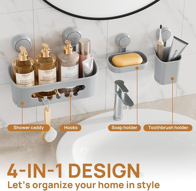 LEVERLOC Shower Caddy Suction Cup Set Shower Organizer & Soap Holder & Toothbrush Holder, Bathroom Shelf Basket NO-Drilling, Removable Suction Storage Waterproof Bathroom Caddy, Gray