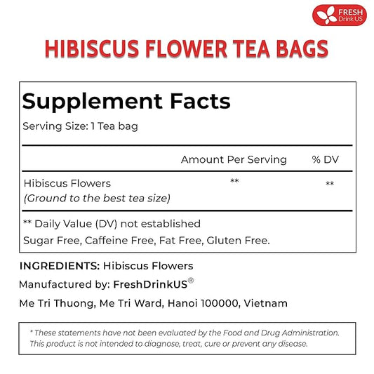 FreshDrinkUS, Premium 115 Hibiscus Flowers Tea Bags, 100% Natural & Pure. Loose Flower Hibiscus Herbal Tea. No Sugar, No Caffeine, No Gluten, Vegan.