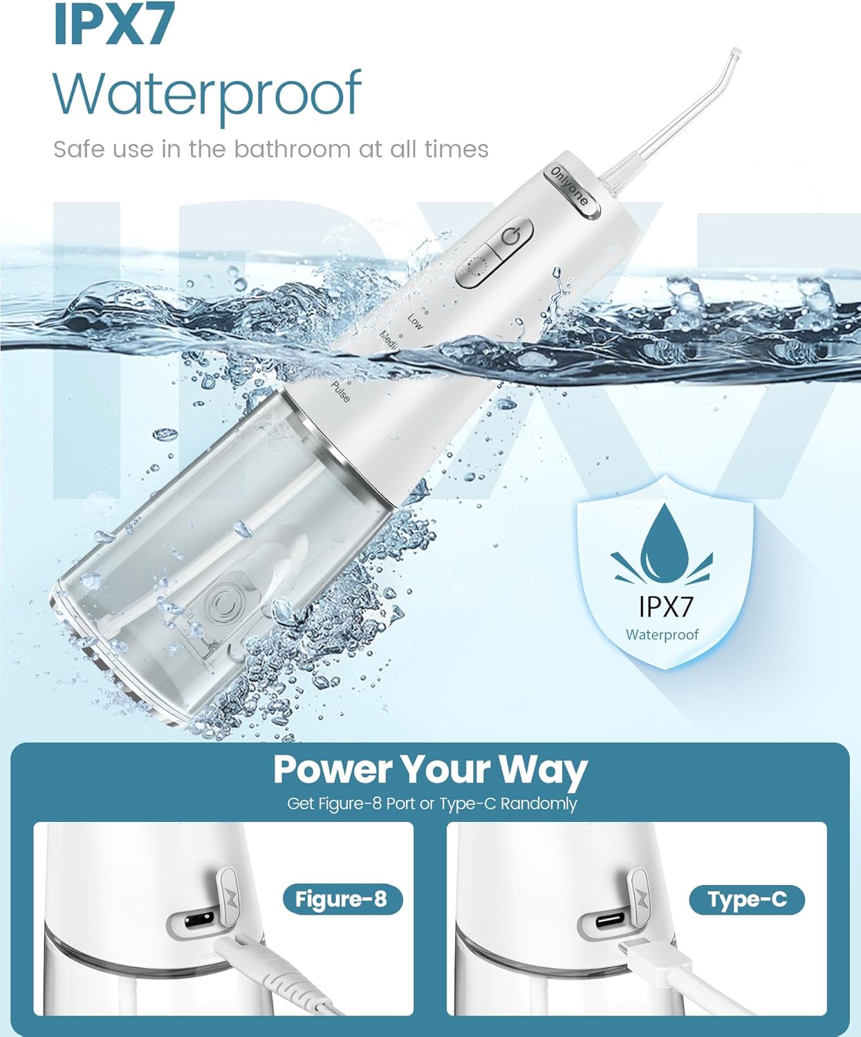 Onlyone Water Dental Flosser, 300ML Portable Oral Irrigator for Teeth, 4 Modes and 5 Jet Tips,Rechargeable Irrigation Cleaner,Electric Flossing Machine Power Flossers & Irrigator Accessories White