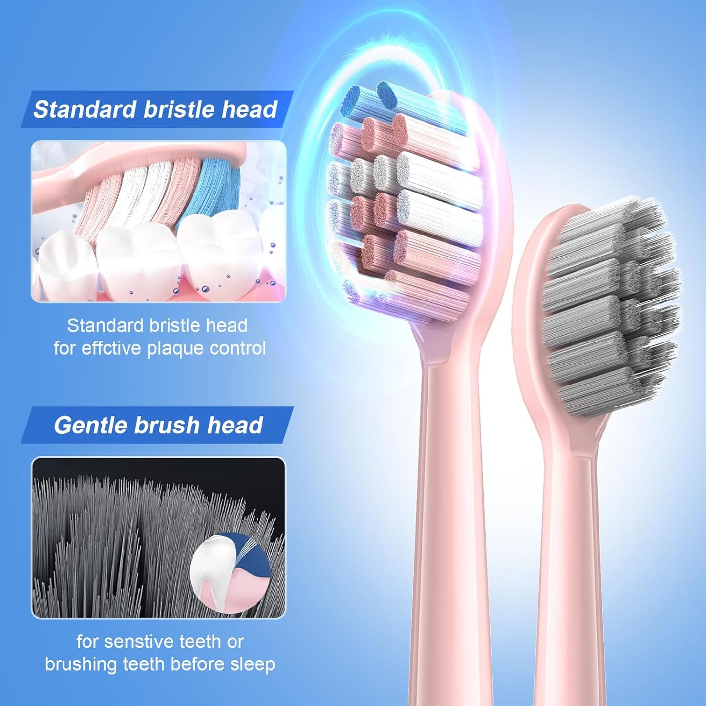 JTF Sonic Electric Toothbrush - with Travel Case and 6 Brush Heads, Fast Charging toothbrushes for 60 Days Long Lasting, 5 Modes Power Toothbrush for Women, Pink