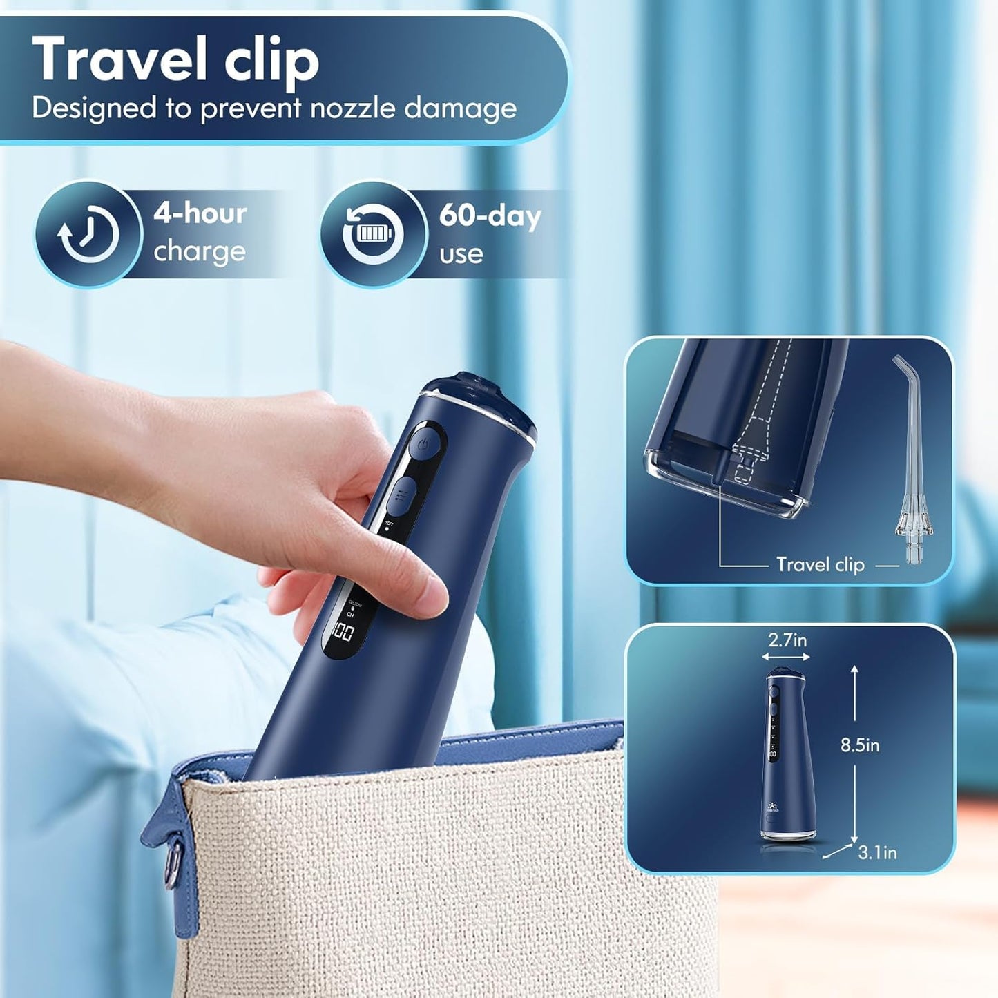 Water Flosser for Teeth, Cordless Oral Irrigator Portable Dental Cleaner Picks with 8 DIY Modes 7 Jets 300ml Tank Braces Flossers Rechargeable (Blue)