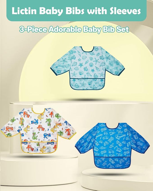 Lictin 3 Packs Baby Bibs for Boy or Girl, Cute Long Sleeve Bib, Waterproof Bibs for Toddlers,Adjustable Closure Baby Smock, Mess Proof Baby Bib, 6-24 Months Reusable Infant Baby Bibs
