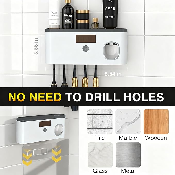 Wall Mounted Toothbrush Holder with Toothpaste Dispenser Electric Toothbrush Holder for Bathroom Solar Charging and No Drilling Required Smart Toothbrush Organizer with 5 Brush Slots