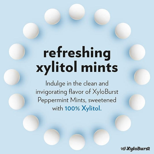 XyloBurst - Xylitol Mints | Sugar Free Breath Mints for Oral Health | Gluten Free, Vegan, Keto Friendly | Aspartame Free Mints | Peppermint | 60 Count Jar, 8-Pack