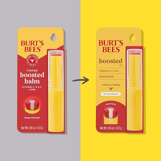 Burt’s Bees Stocking Stuffers, Tinted Boosted Balm, Rose Knows, Hydrating Tinted Lip Balm, 24 Hour Lip Moisturizer with Responsibly Sourced Beeswax, 100% Natural Origin, 1 Count, 0.16oz