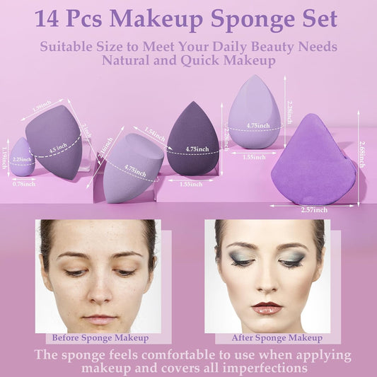 14 Pcs Makeup Sponge Set, Beauty Sponges Blender with 4 Pcs Powder Puff and 4 Pcs Mini Make up Sponges for Liquid,Foundation,Powder,Concealer,Cream (Purple)